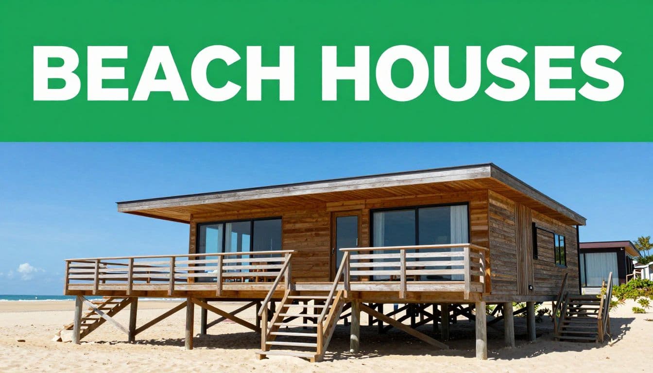 A stilted beach house stands against a vibrant blue sky with a wide wooden deck spanning the front. A bold green header graphic displays the words Beach Houses in white text.