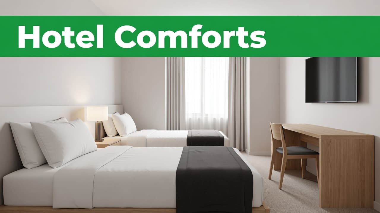 A clean modern hotel room with two neatly made beds and a work desk fills the frame. A bold green banner with the headline 