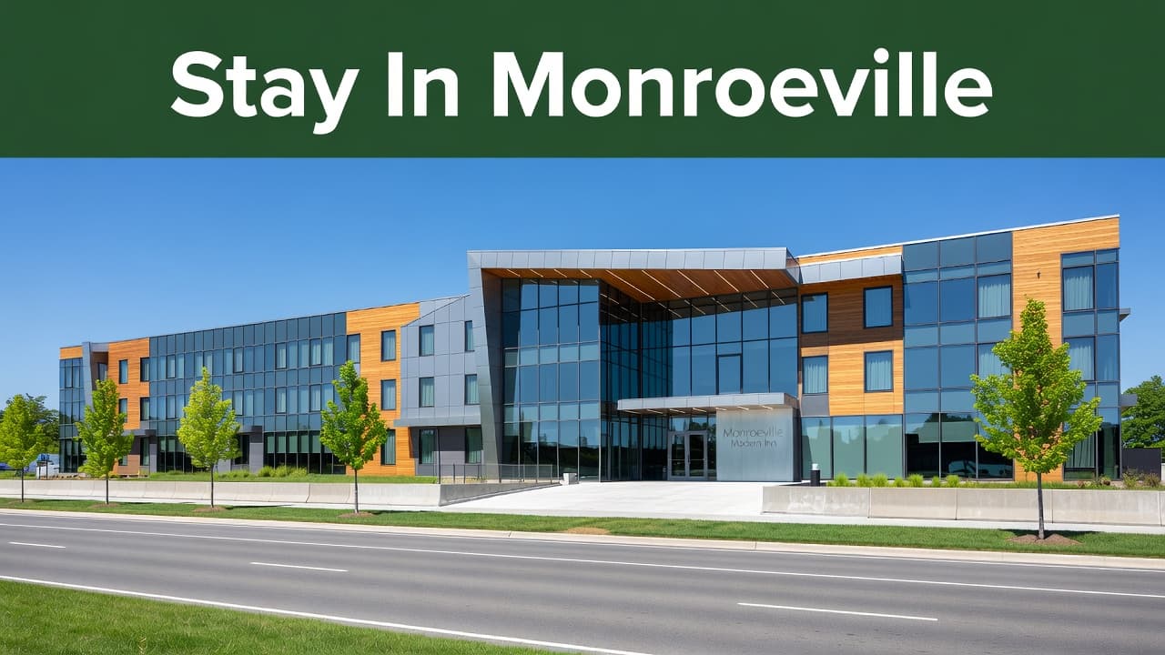 The modern hotel features a crisp white facade with a vibrant green horizontal band at the roofline. A clear blue sky provides contrast above the building positioned near a busy road.