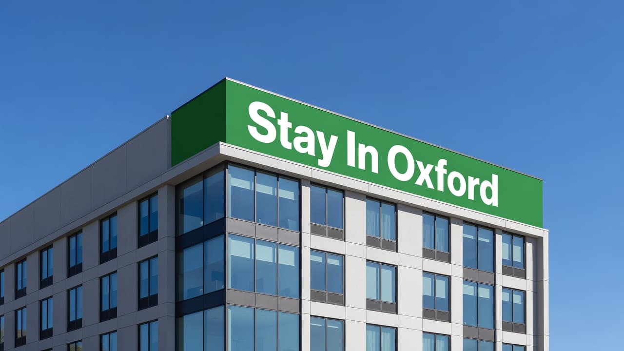 A minimalist building under a bright blue sky features clean horizontal lines and a bold green accent band across the top. The white architectural surface contrasts sharply against the clear atmosphere.