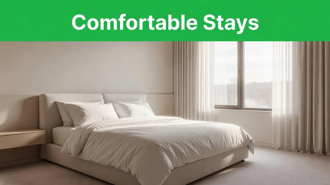 A spacious bedroom features a plush bed with crisp linens bathed in bright natural sunlight. A stylish green accent header sits above the bed, framing the serene and clean accommodation space.