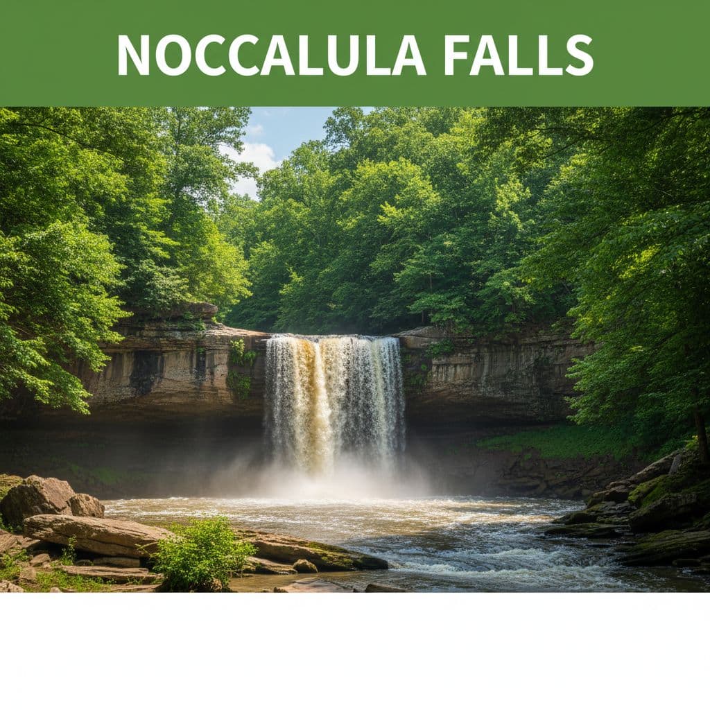 Water cascades over a steep rock ledge into the pool below, framed by vibrant green trees and rugged geological formations. A stylish editorial headline band sits prominently at the top.