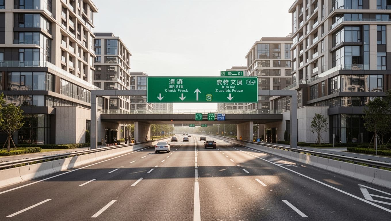 A clean view of a modern highway entrance near hotels, bold green banner at the top with headline 