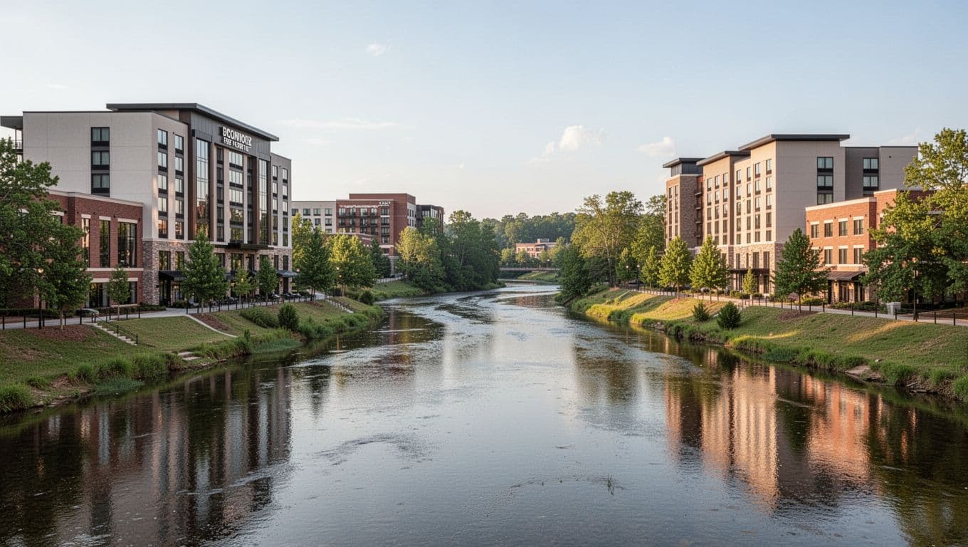 Modern hotel buildings line the banks of the Chattahoochee River under a bright sky. A prominent green banner with bold text spans the top, highlighting the scenic urban riverside development area.