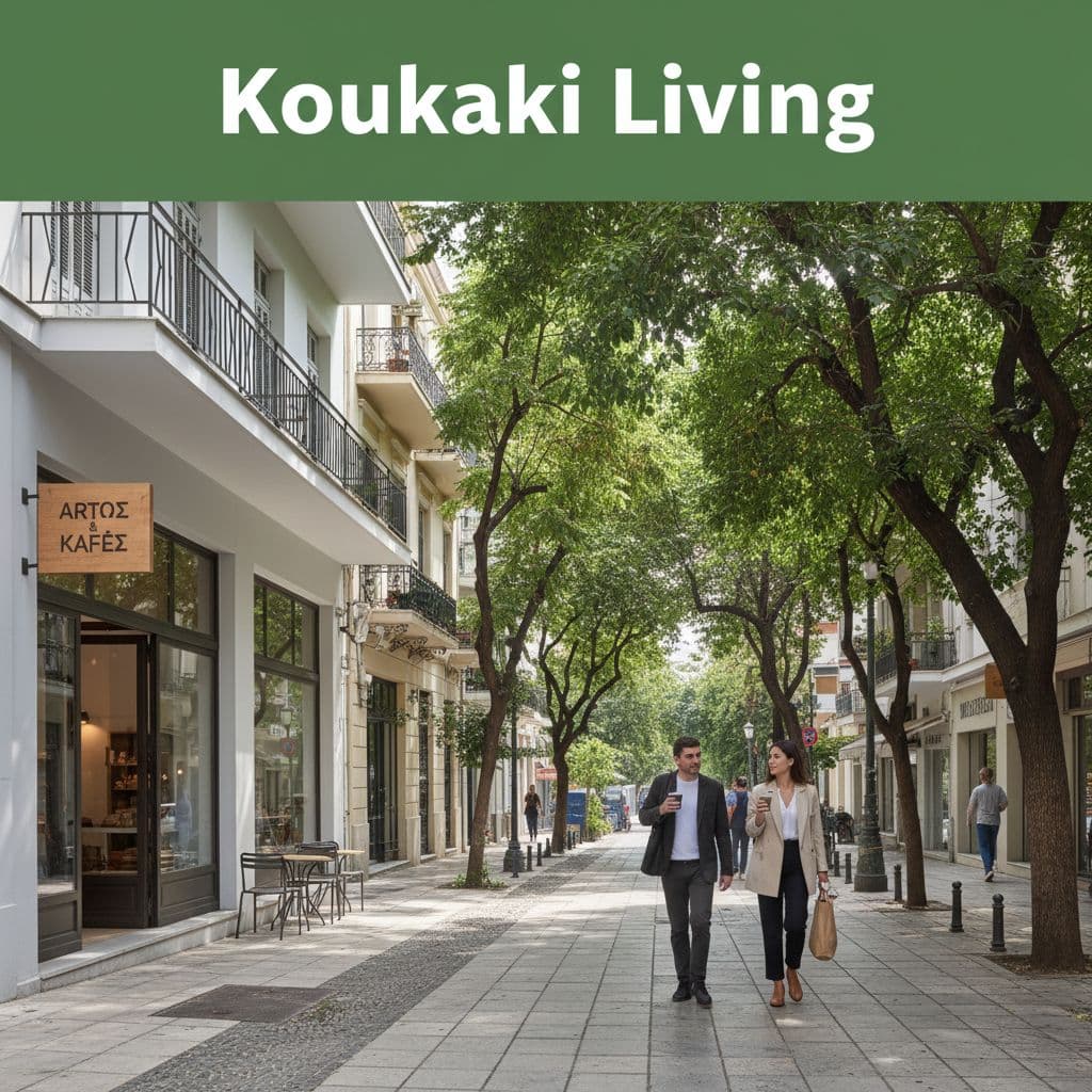 A tranquil Athens neighborhood street features leafy trees shading a small local bakery. Pedestrians walk past storefronts under a prominent header band displaying the text Koukaki Living in bold white letters.