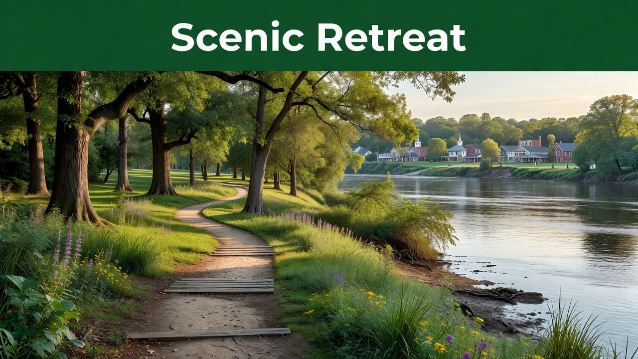 A tranquil river walk meanders through lush greenery under a clear sky. A bold green header banner displays the words Scenic Retreat in white text across the top of the frame.