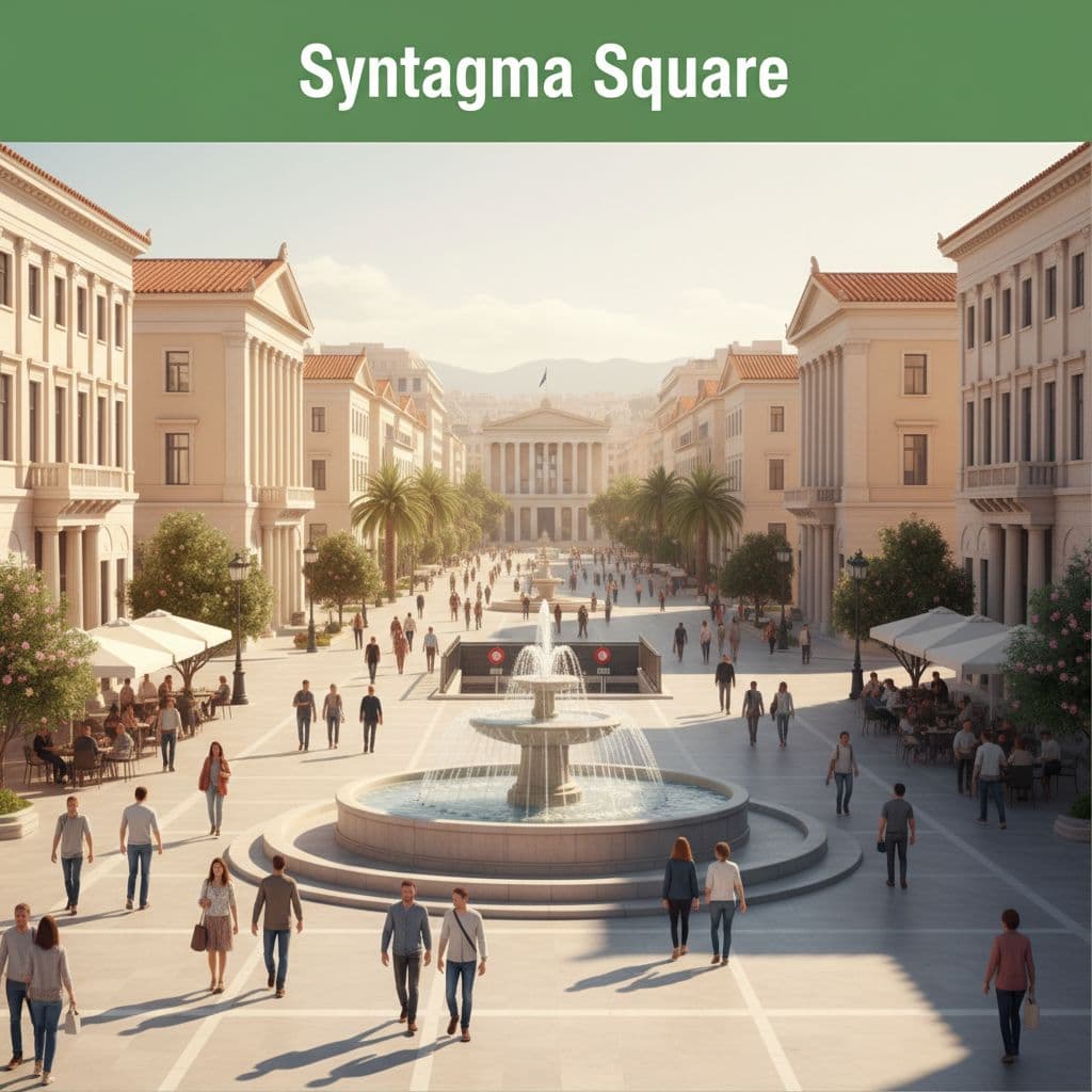 A bustling urban plaza features neoclassical architecture surrounding a central ornate fountain under bright sunlight. A modern graphic overlay with white text sits atop a horizontal green stripe in the sky.