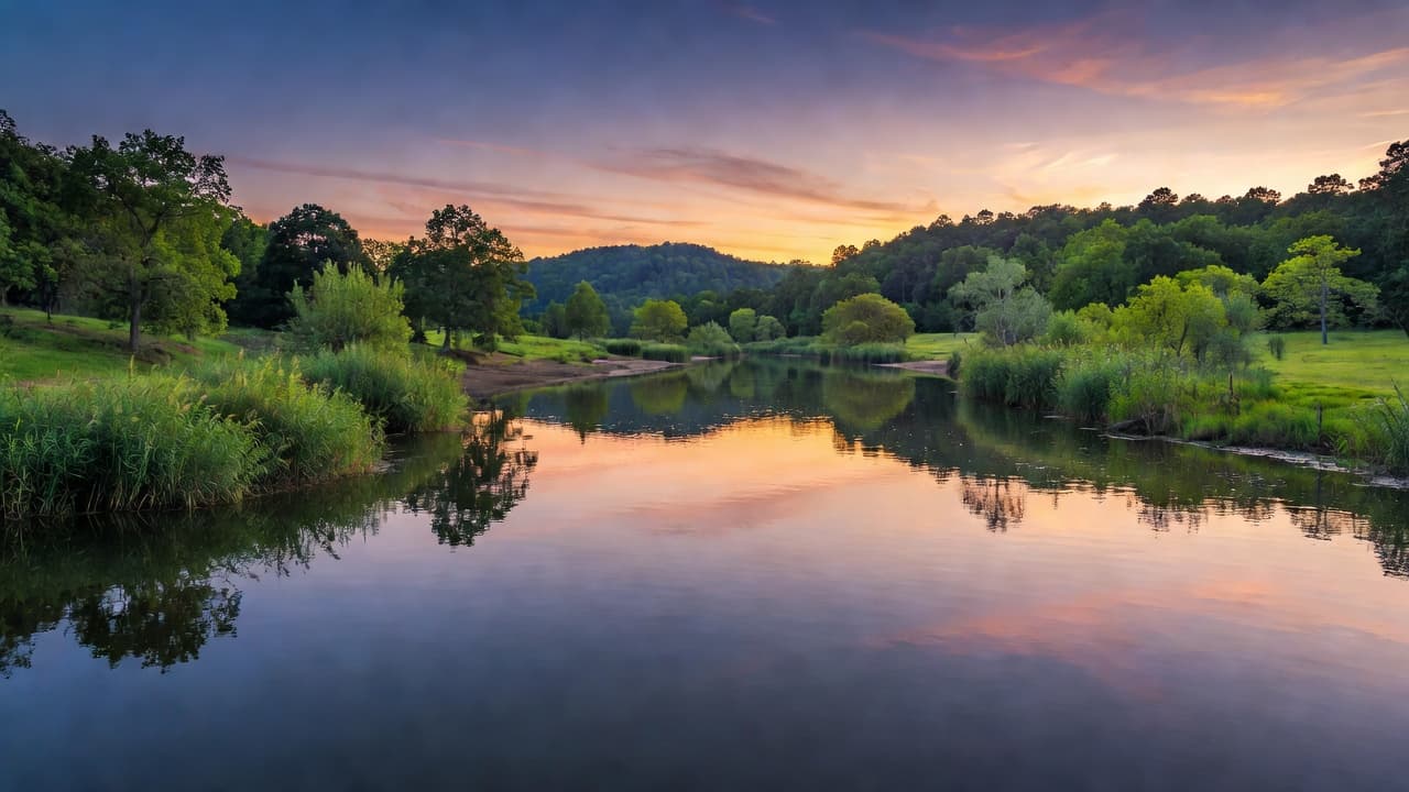 The tranquil Tennessee River flows gently past a forested bank during twilight. Soft purple and orange hues from the setting sun reflect across the calm water surface, creating a peaceful mood.
