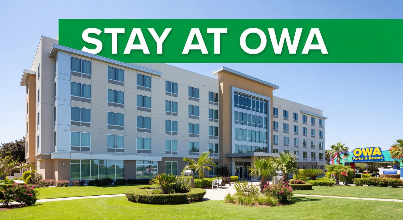 The modern hotel exterior stands against a clear blue sky, surrounded by vibrant manicured landscaping. A prominent green banner at the roofline displays white geometric text welcoming guests to OWA.