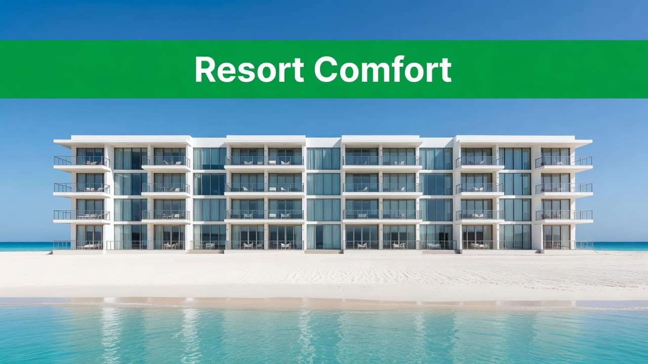 A modern multi-story hotel resort stands against a clear blue sky, featuring tiered balconies overlooking white sandy beaches and the ocean. A distinct green header band displays elegant white text.