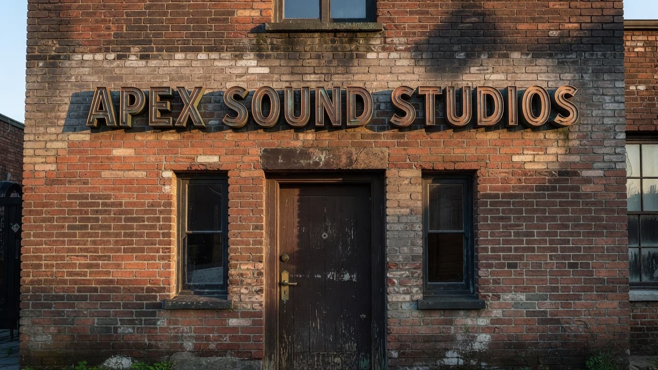 A weathered brick facade features classic metal lettering above a heavy wooden door. Morning sunlight creates soft shadows against the textured masonry, emphasizing the historic architecture of the recording space.