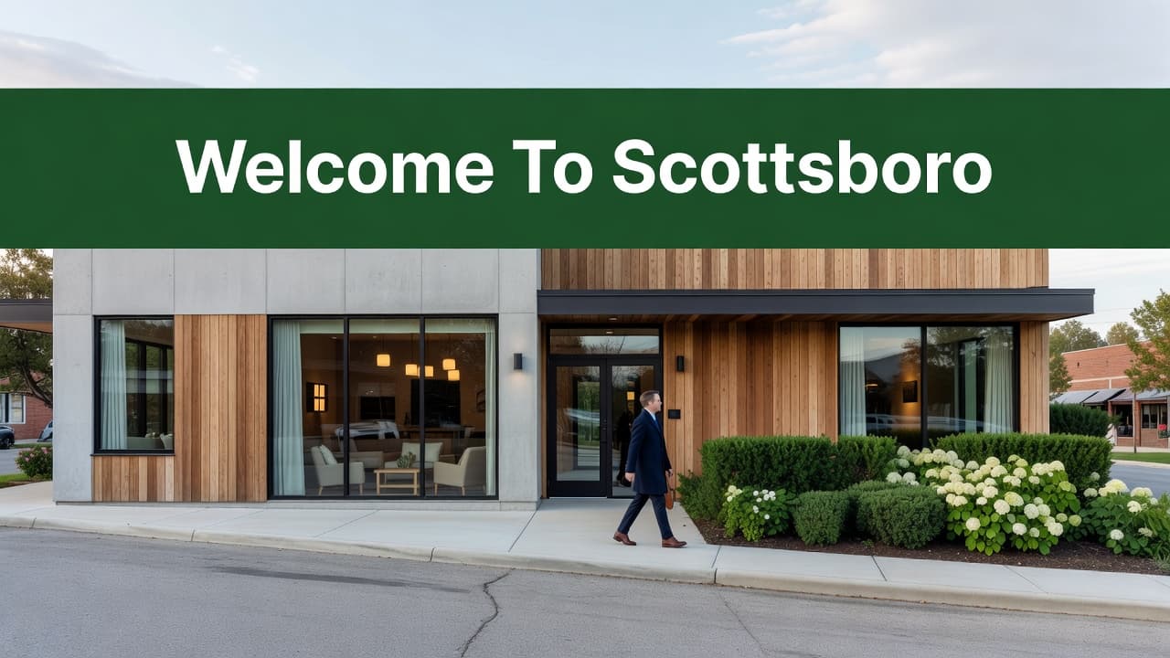 A modern building facade stands under soft daylight with a bold green banner displaying welcome text above the entrance. A pedestrian walks along the sidewalk toward the inviting glass hotel doors.