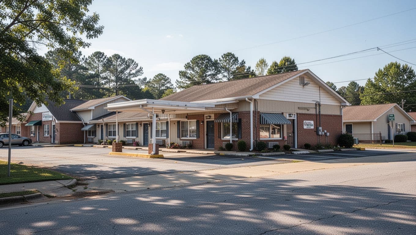 A modest single-story motel building under a bright daytime sky with empty parking spaces.