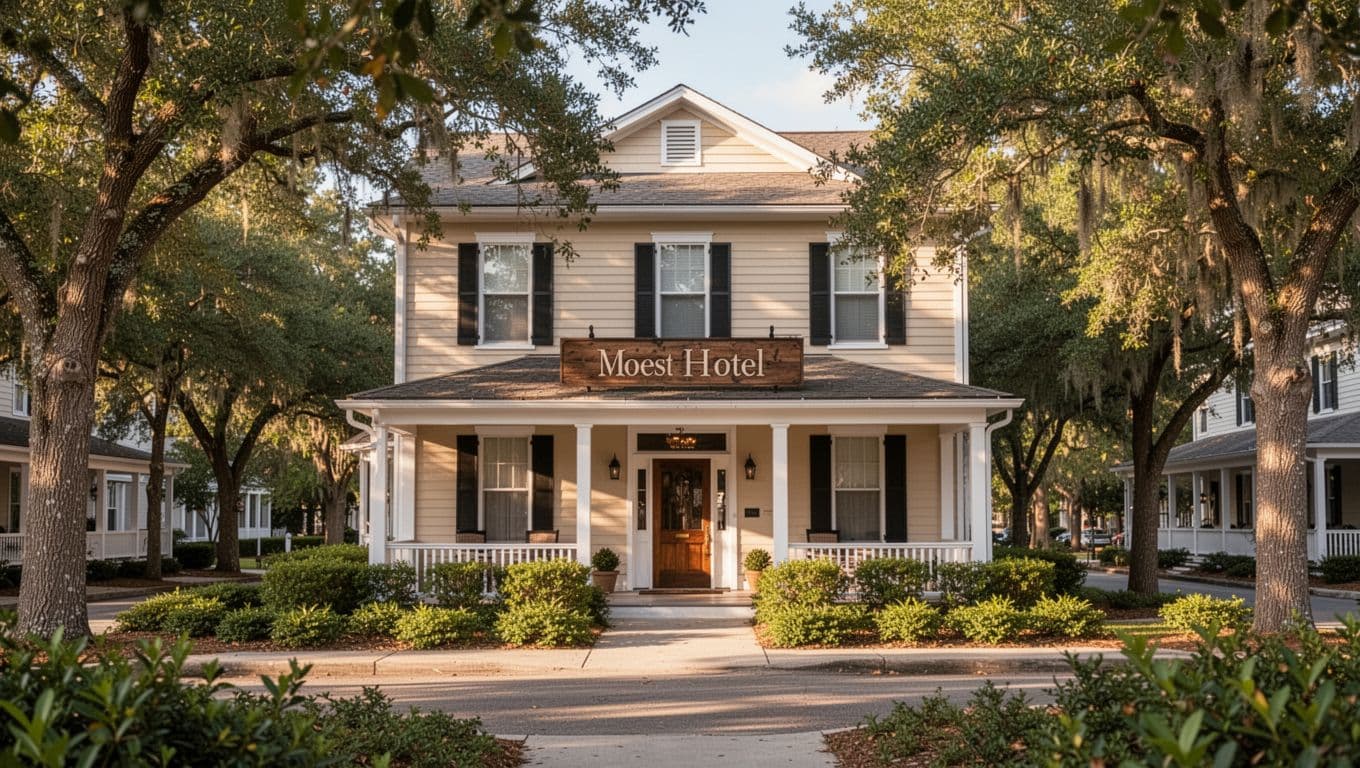 A modest single-story motel entrance surrounded by green lawns in a small southern town.