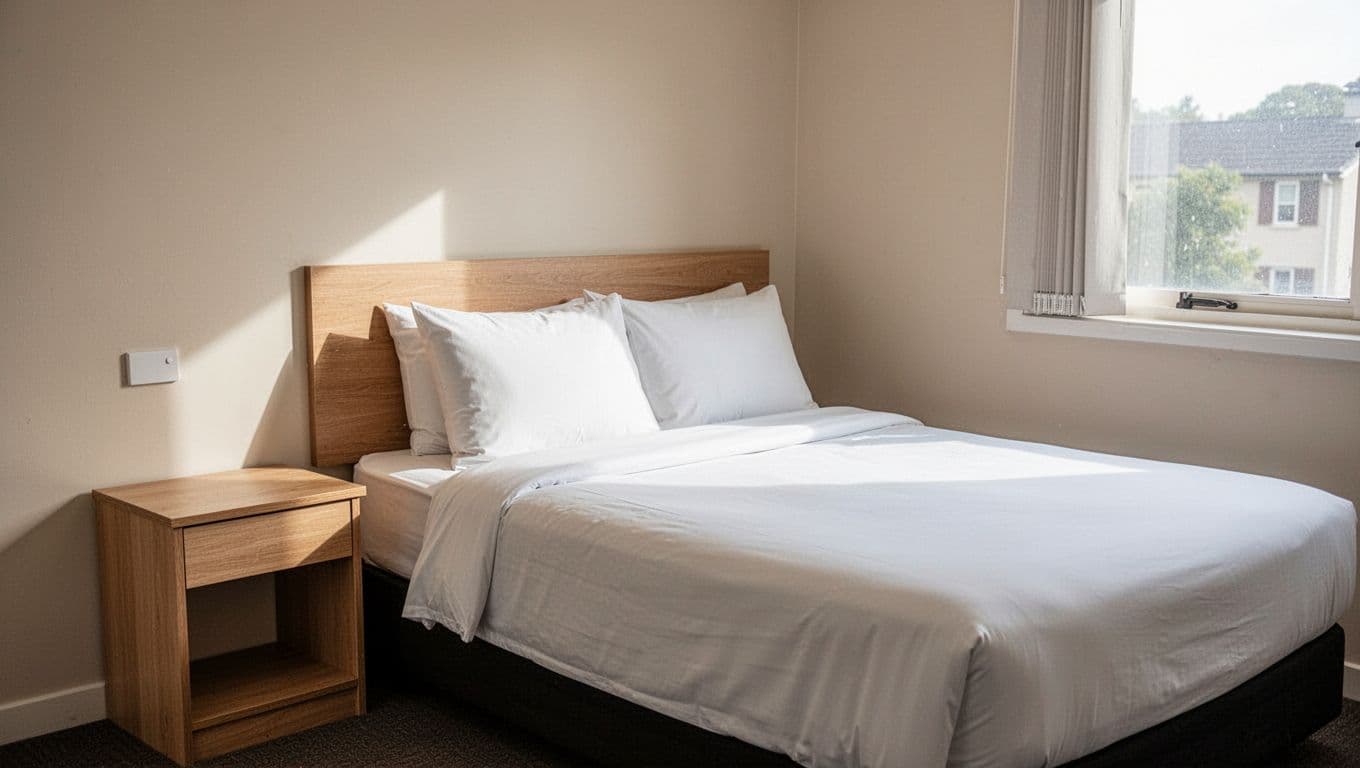 Clean hotel room with one made bed, wooden nightstand, and a dark-green headline band.