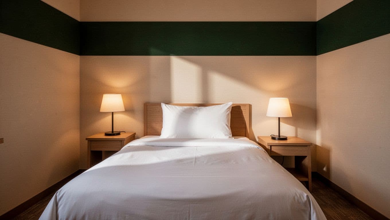 A clean hotel room with one made bed and warm bedside lighting.