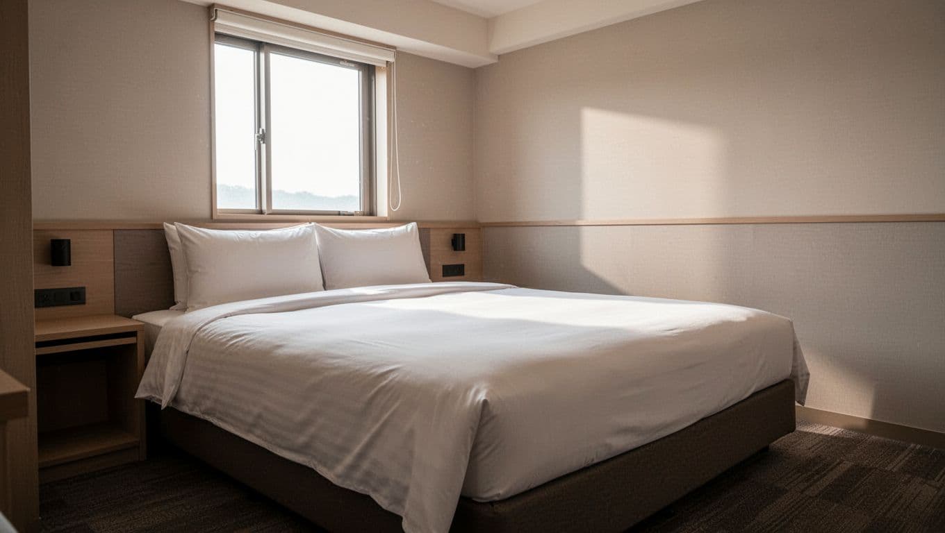 A clean, sunlit hotel room featuring a neatly made bed and neutral decor.