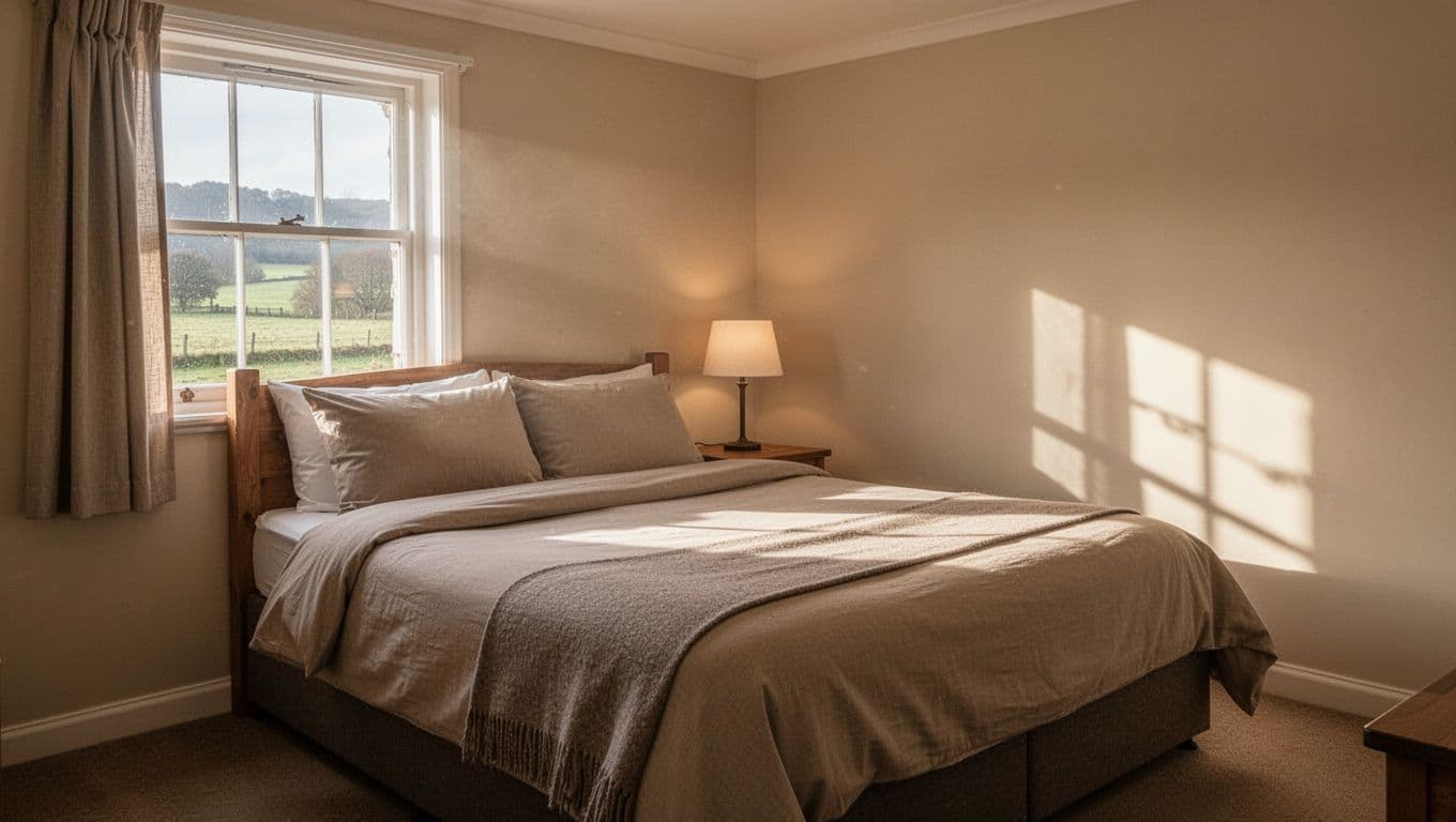 A comfortable hotel bed in a bright room with a bold green accent wall above.