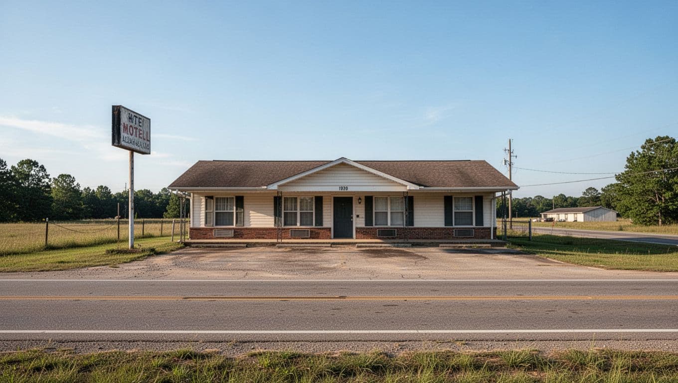 A clean rural motel building in Alabama sits beneath a clear sky with a dark green headline band above.