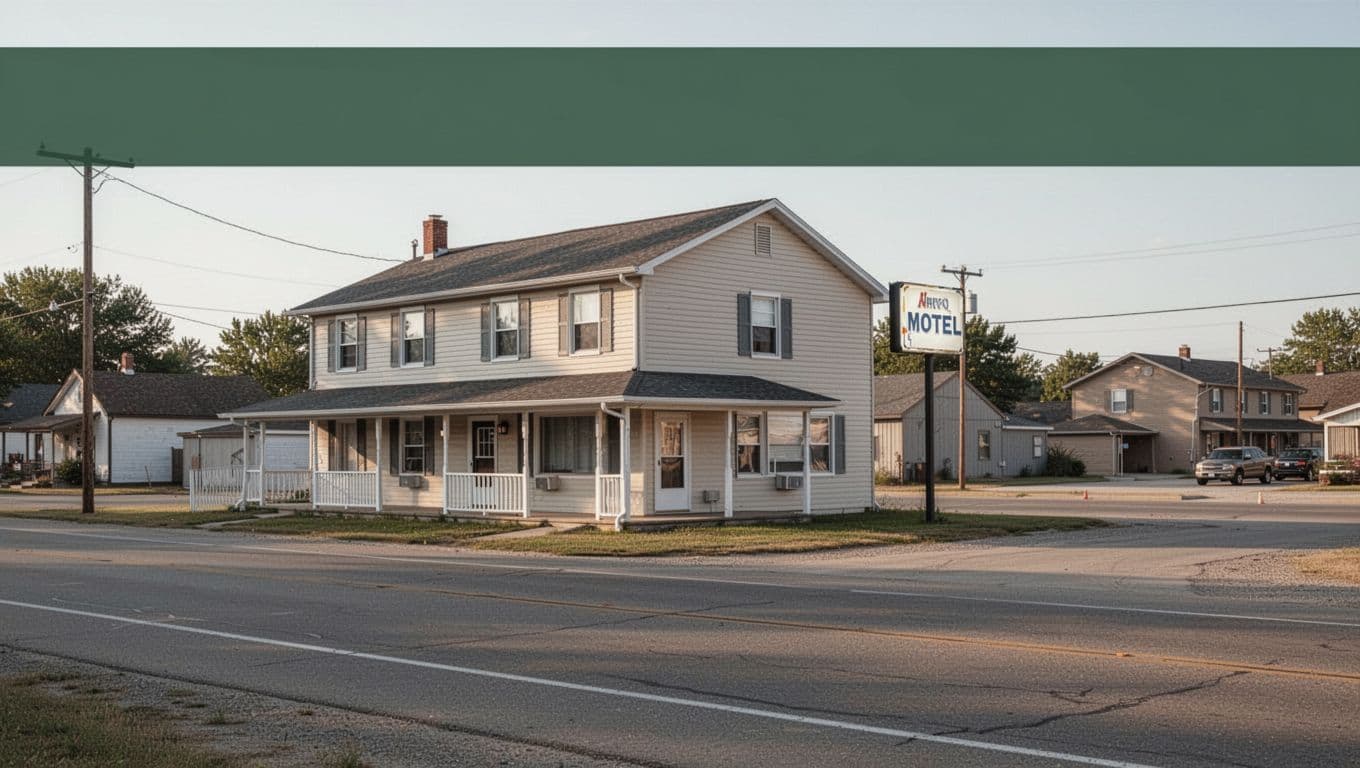 A clean, neutral building façade sits under a bright sky with a distinct dark-green architectural band across the top featuring bold sans-serif text identifying the establishment as budget lodging.