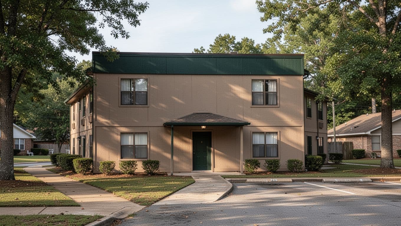 A clean, two-story motel building sits under a bright daytime sky in a suburban neighborhood. A dark green band with bold white text highlights the property name above the windows.