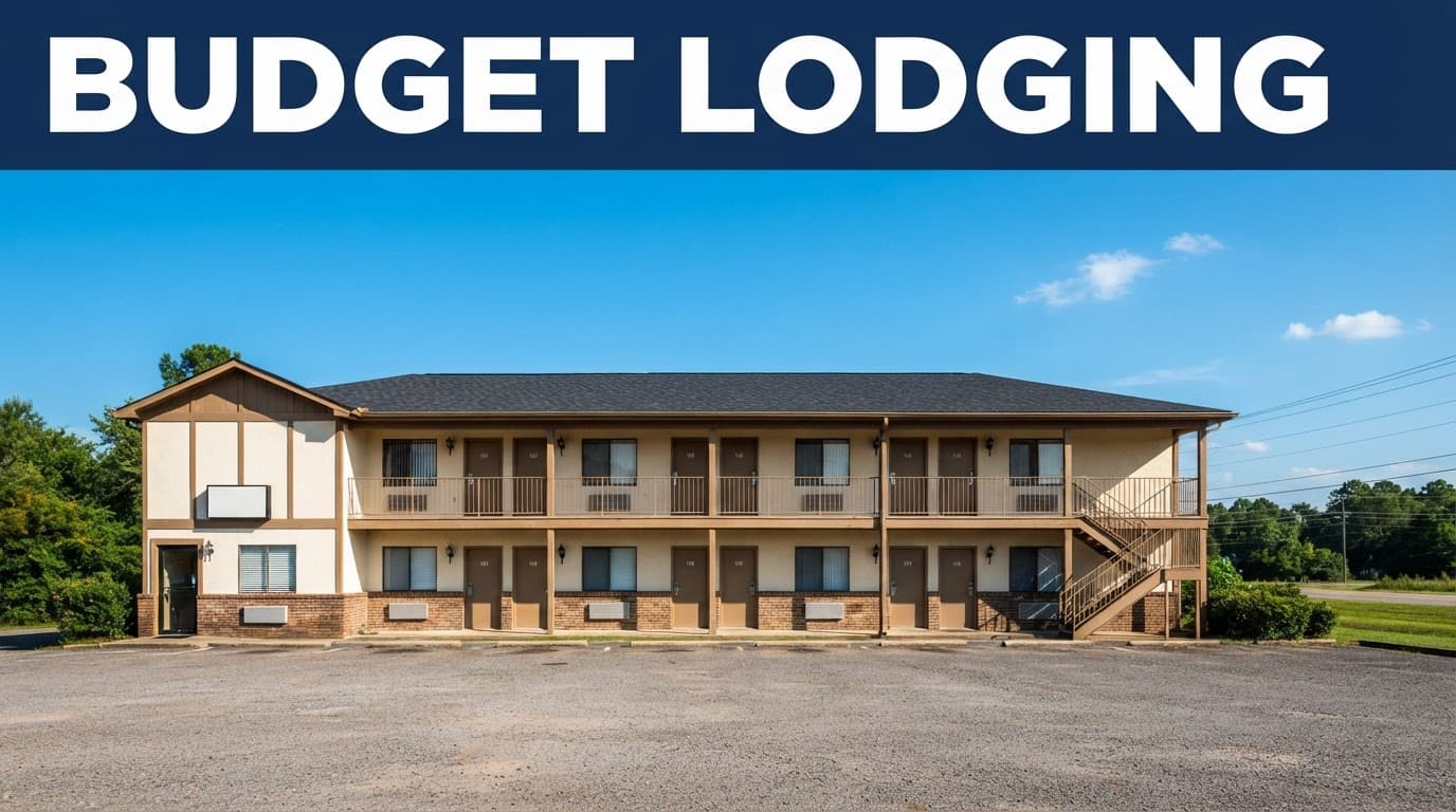 A roadside budget hotel beneath a clear blue sky with a bold color band above it.