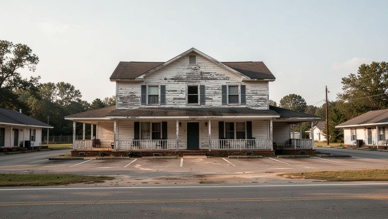 A quiet rural motel in Alabama beneath a bold BUDGET STAY headline.