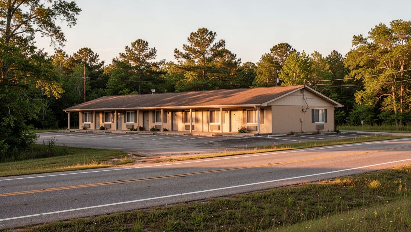 A clean one-story motel beside a quiet Alabama highway with empty parking spaces.