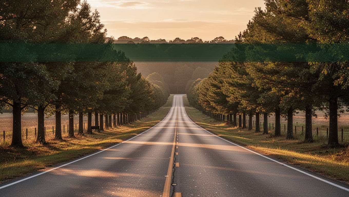 A tranquil two-lane road in the Alabama countryside at sunset with a travel logistics title at the top.