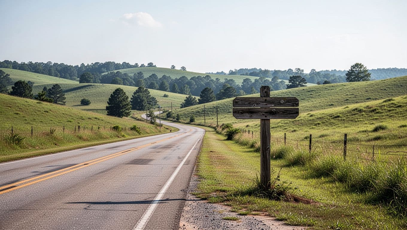 A rural Alabama road winds through rolling green hills with a rustic signpost under a clear blue sky.