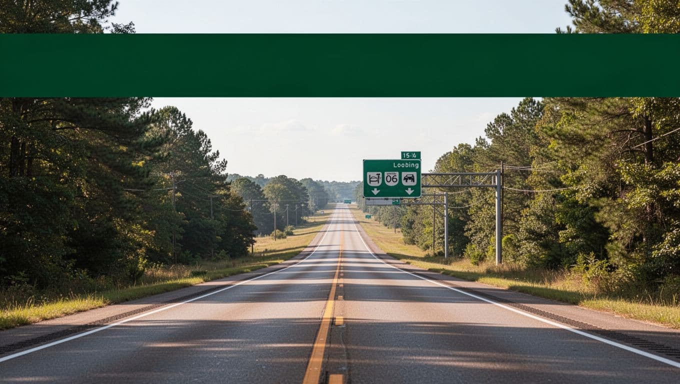 An Alabama highway sign showing nearby lodging beneath a branded headline band.