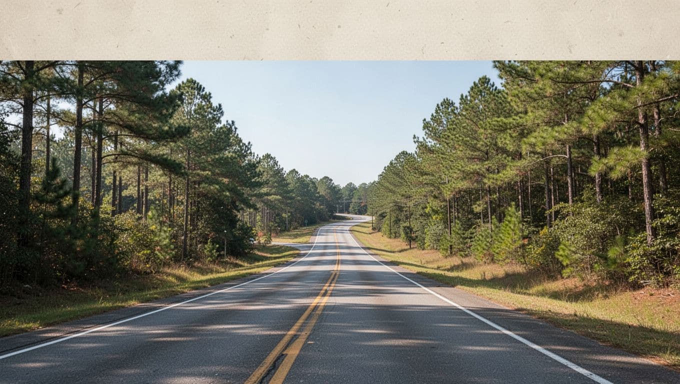 A two-lane highway winds through rural Alabama with pine trees under clear skies.
