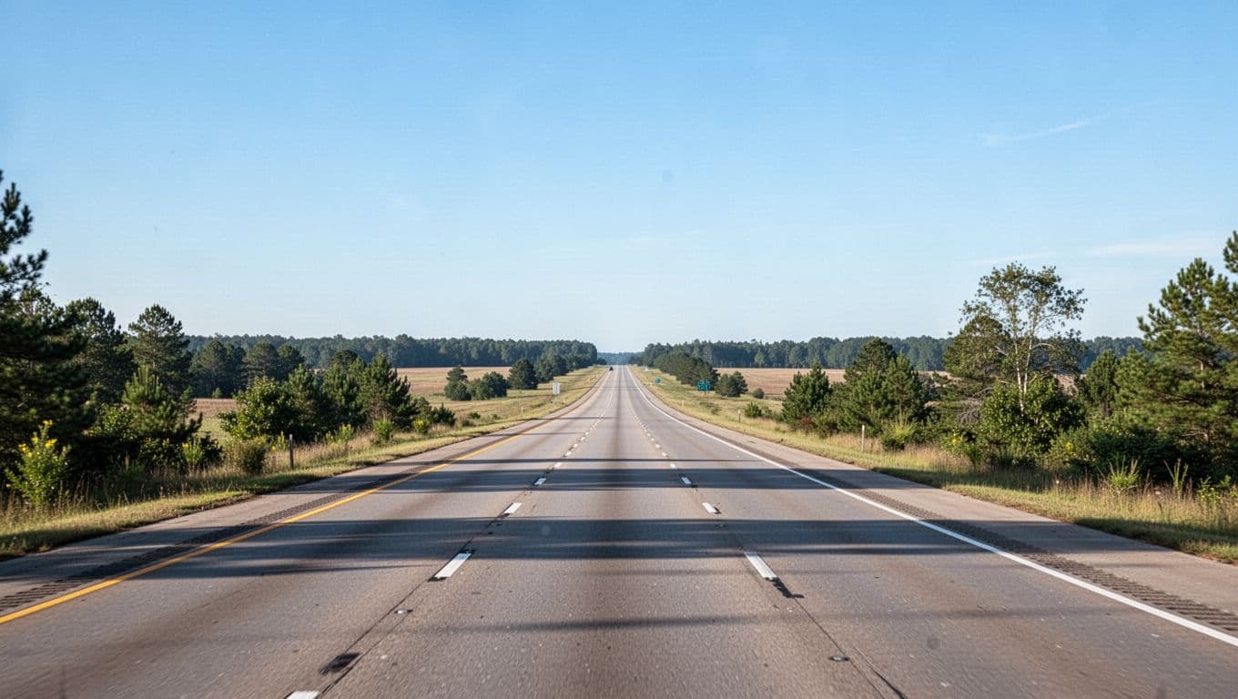 A wide, empty Alabama highway leading into the distance under a sunny sky.