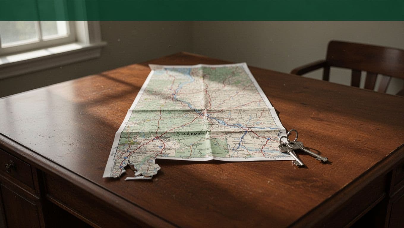 An Alabama road map and room key on a wooden table.