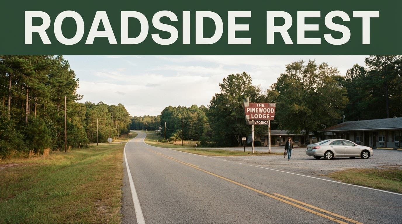 A country highway, distant motel sign, and one person walking beside a car.