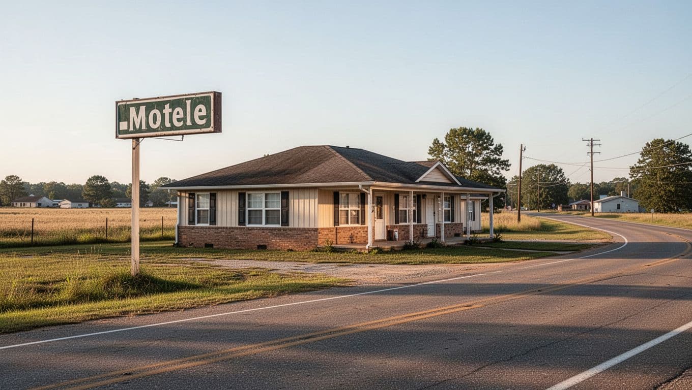 A small motel building by a rural Alabama roadside under natural daylight.