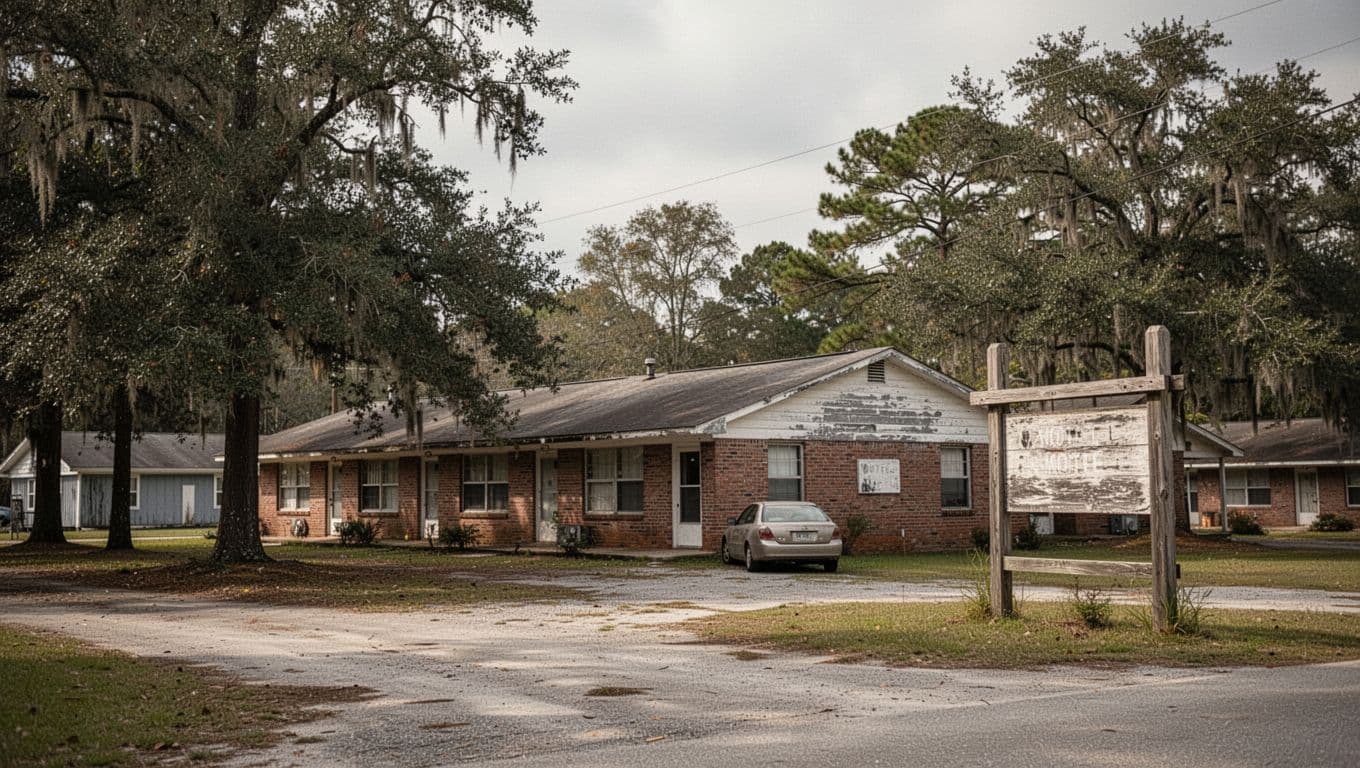 A modest rural motel and weathered sign beneath peaceful trees and an overcast sky.