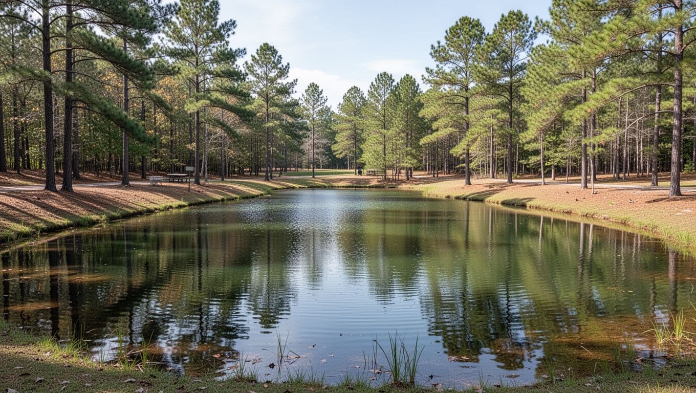 A clear spring-fed pool surrounded by pine trees in an Alabama state park.