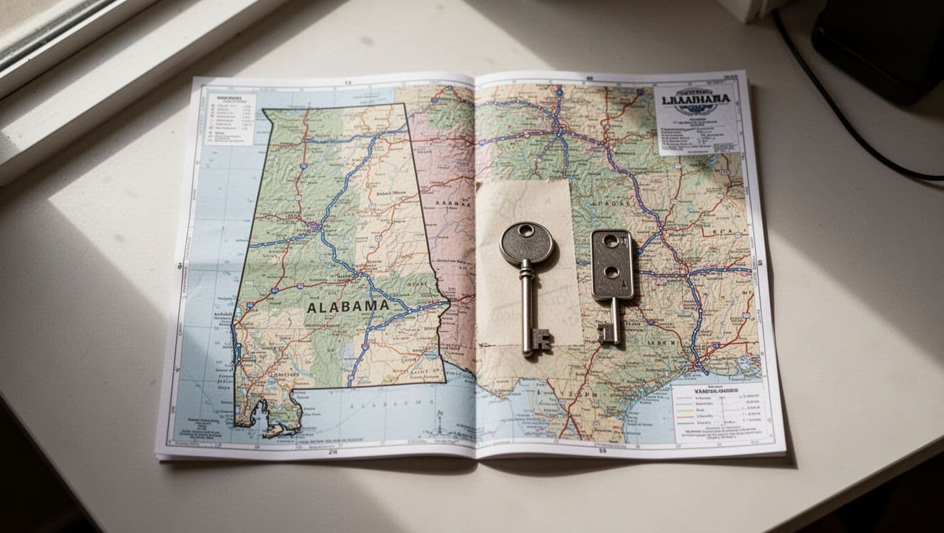An overhead view of an Alabama map and a room key on a desk.