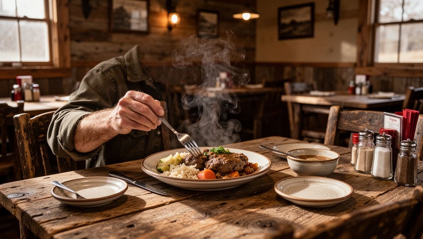 A warm rustic restaurant with wooden tables, home-cooked food, and one diner.