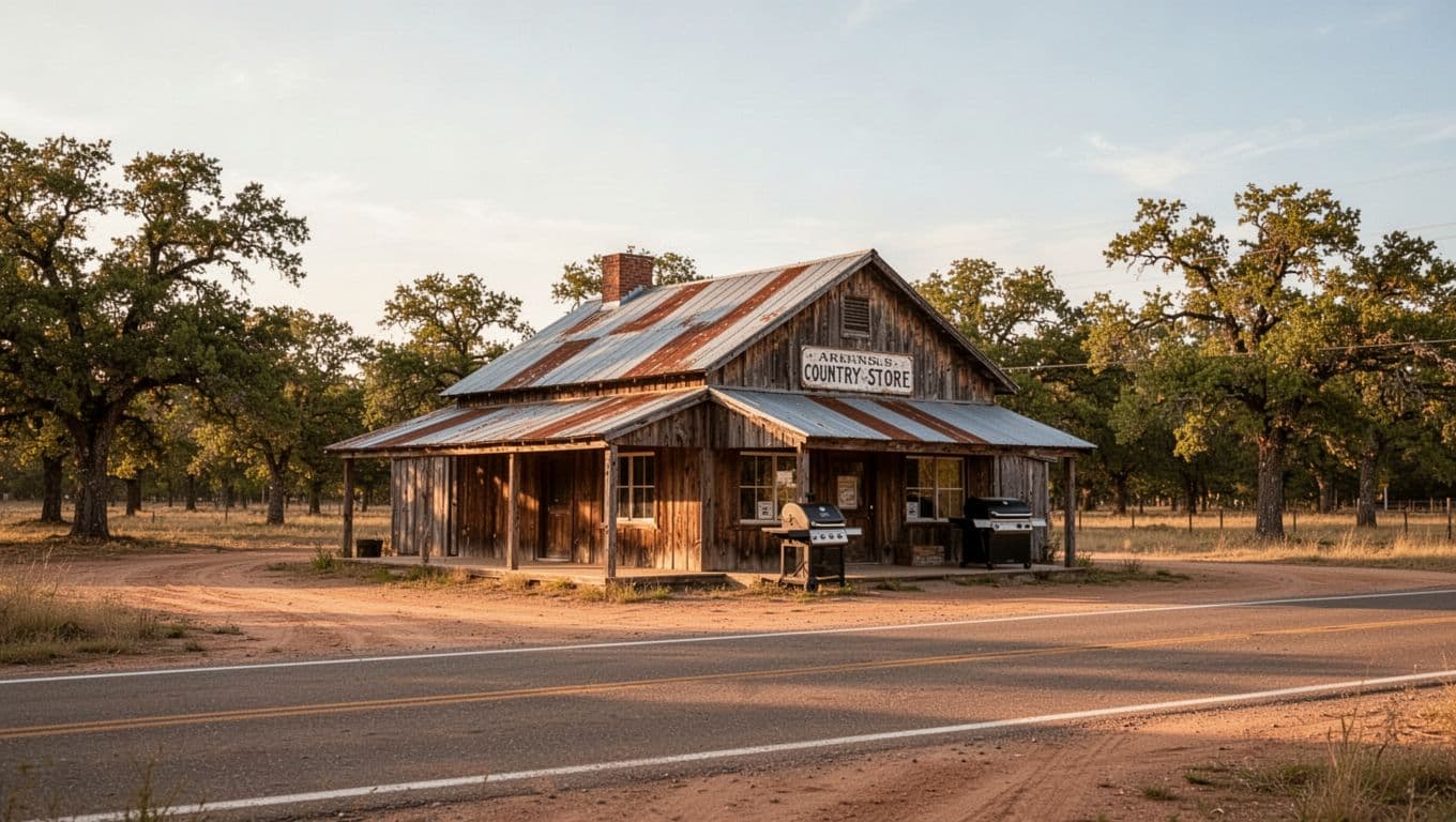 Rustic Arkansas country store and grill with a green Country Store sign.