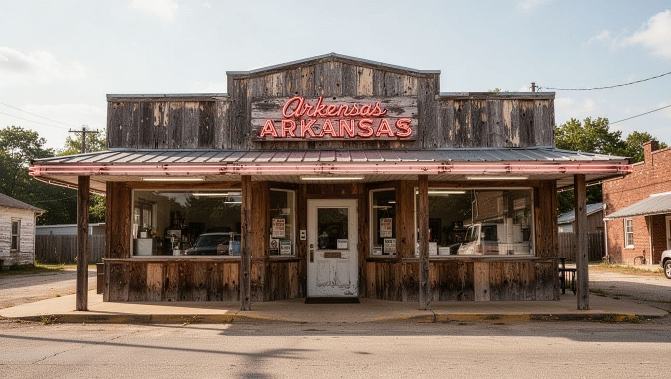 A rustic diner storefront on a sunny street in a small Arkansas town.
