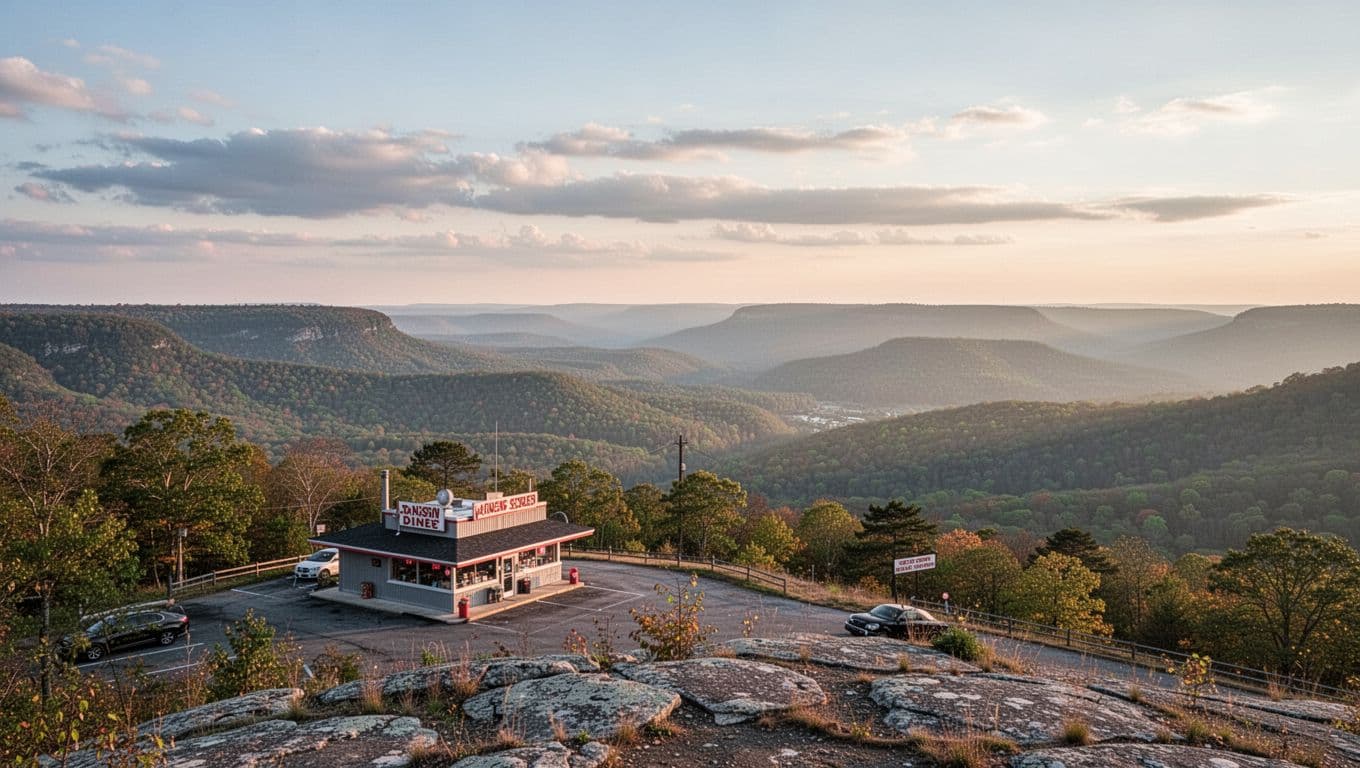 Mountain scenery and a small diner glow in morning light beneath a green Scenic Views banner.