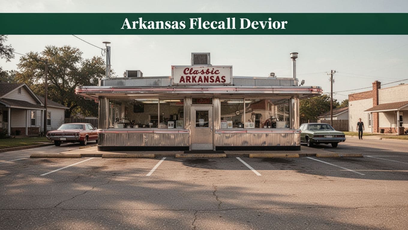 A small town diner exterior beneath a bold headline banner reading Local Dining.