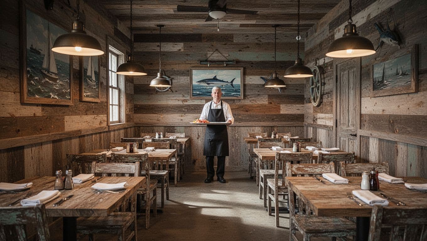 Rustic seafood restaurant with wooden tables, warm lights, and one distant server.