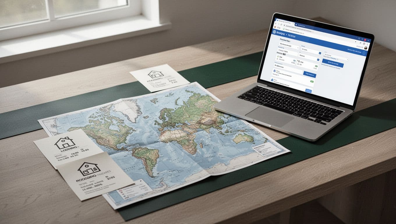 A wooden desk with a travel map, lodging notes, and a laptop.