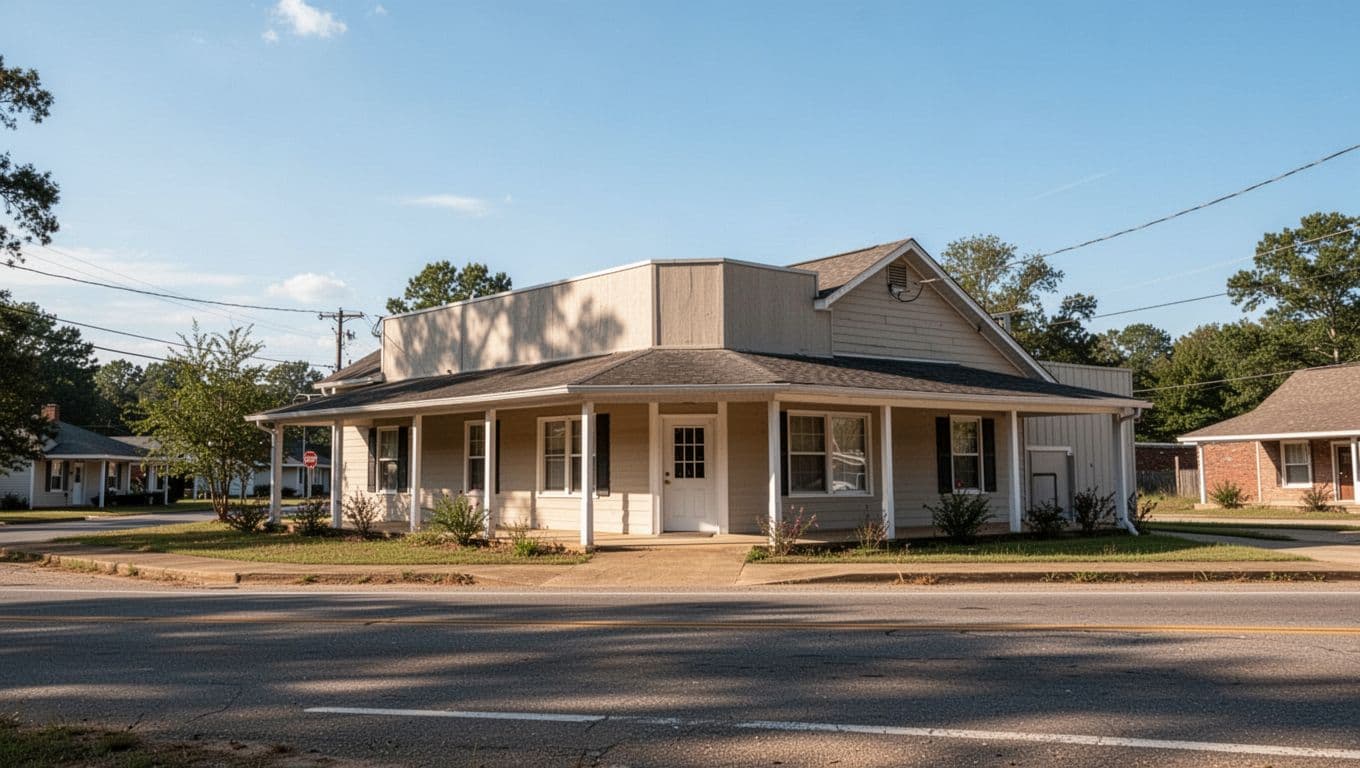 A single-story roadside hotel features a clean facade under a clear blue sky in rural Alabama. A dark green header band displays text above the entrance, framed by simple landscaping.