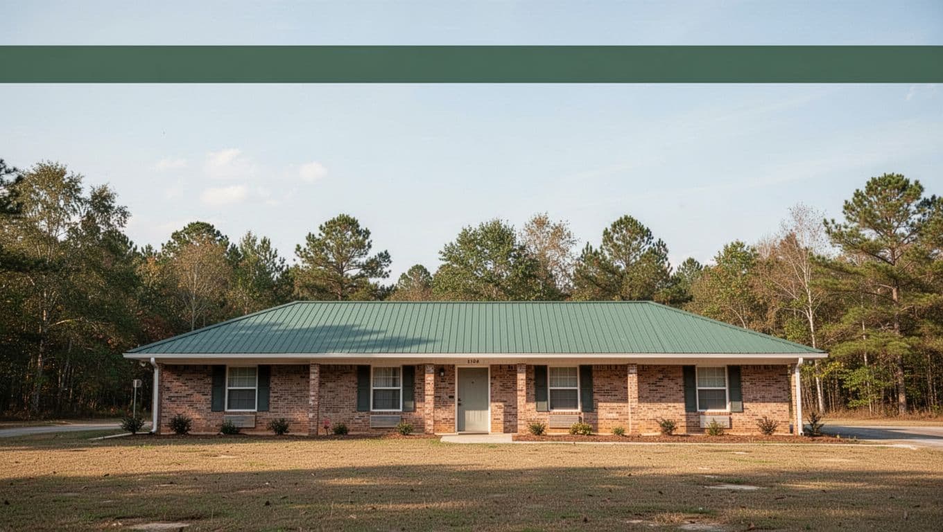 A brick motel exterior with a green roof under a clear daytime sky.