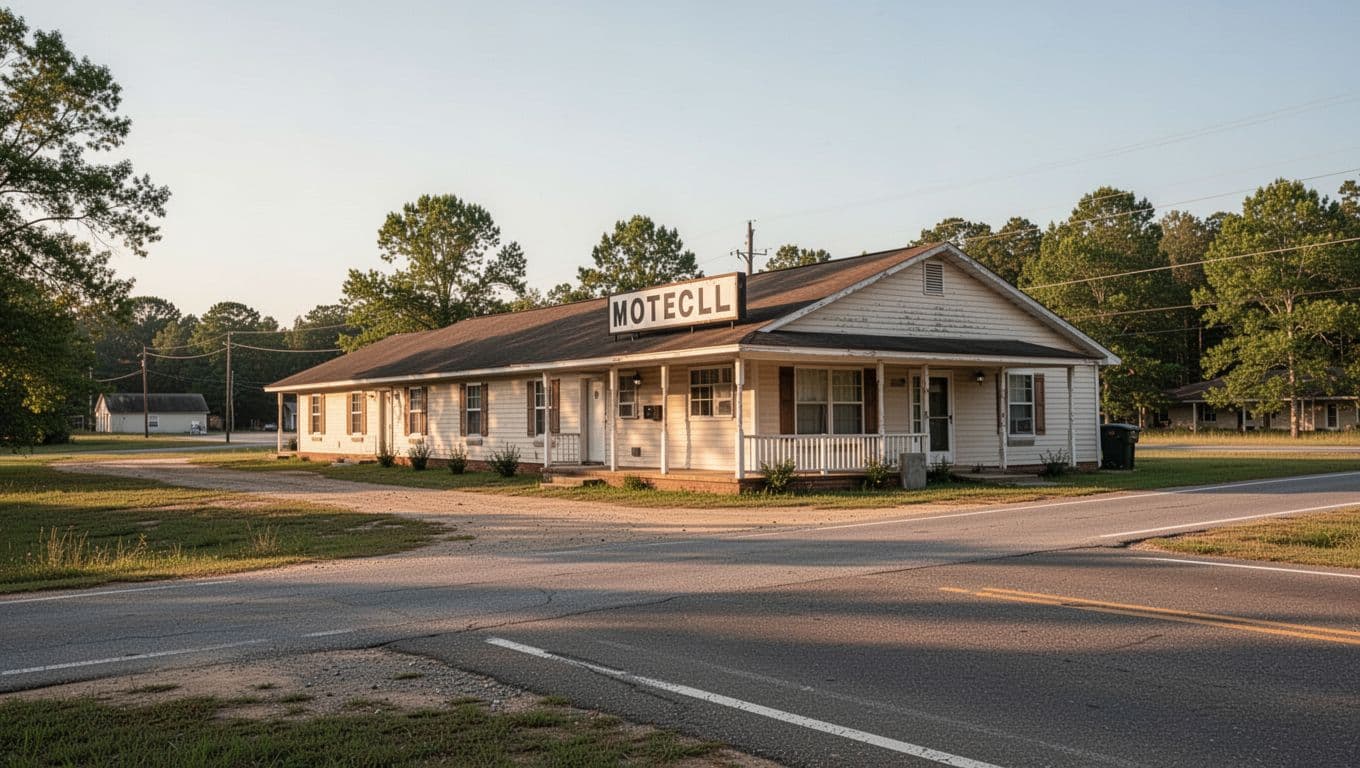 A quiet rural motel exterior in warm afternoon sunlight with a green banner at the top.