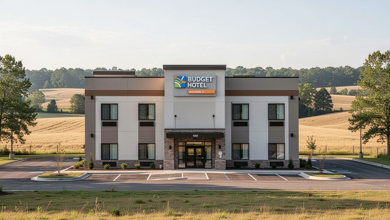 A clean modern motel building with a horizontal color band in rural Alabama.